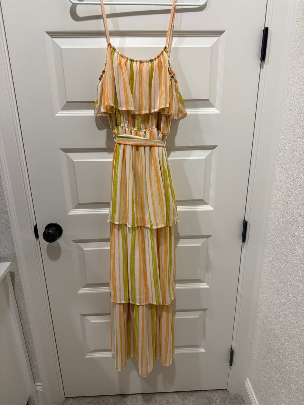 Juniors Sleeveless Tiered Striped Maxi Dress in Peach, Cream & Green